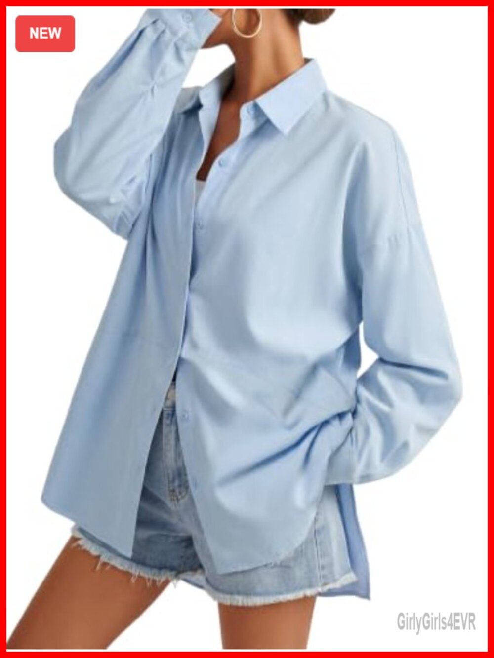 Women's Collared Neck Button Down Shirt High Low Split Hem Loose Fit